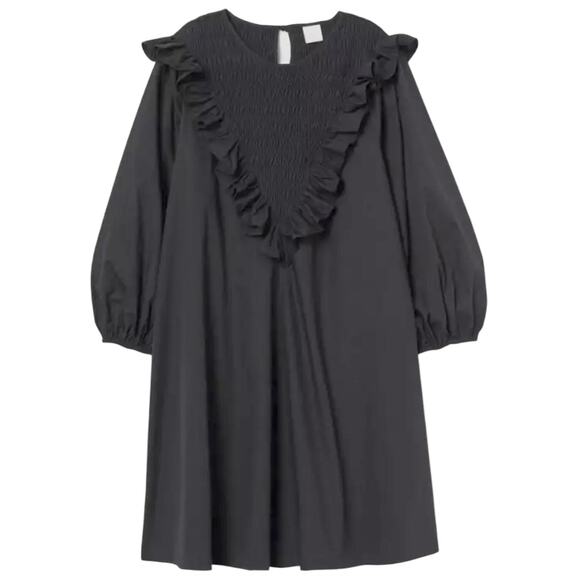 H&M Trend Conscious Short A-LIne Black Ruffle-trimmed Medium Cotton Dress - Picture 1 of 16